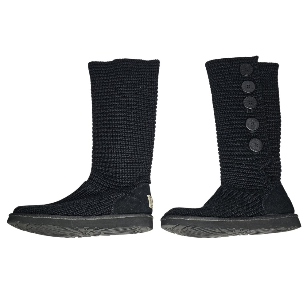 UGG Lattice Cardy Women 7 Black Knit Tall Button Boots 1878
